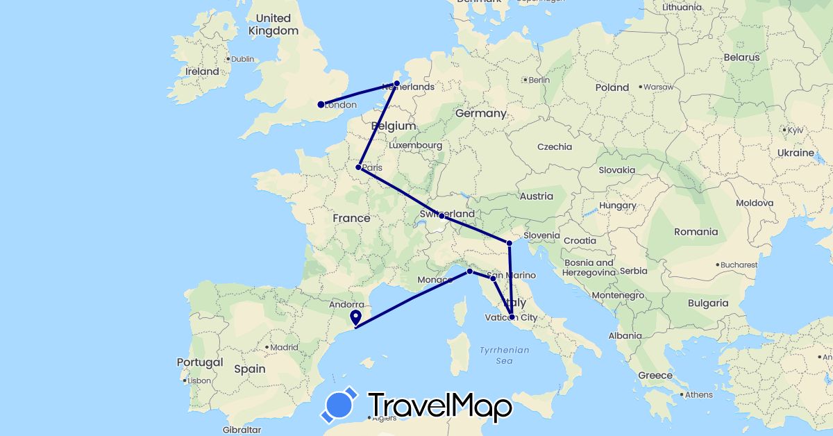 TravelMap itinerary: driving in Switzerland, Spain, France, United Kingdom, Italy, Netherlands (Europe)